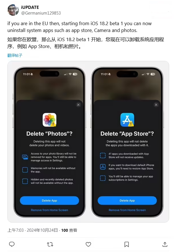 阿鲁科尔沁苹果手机维修分享iOS 18.2 支持删除 App Store 应用商店 