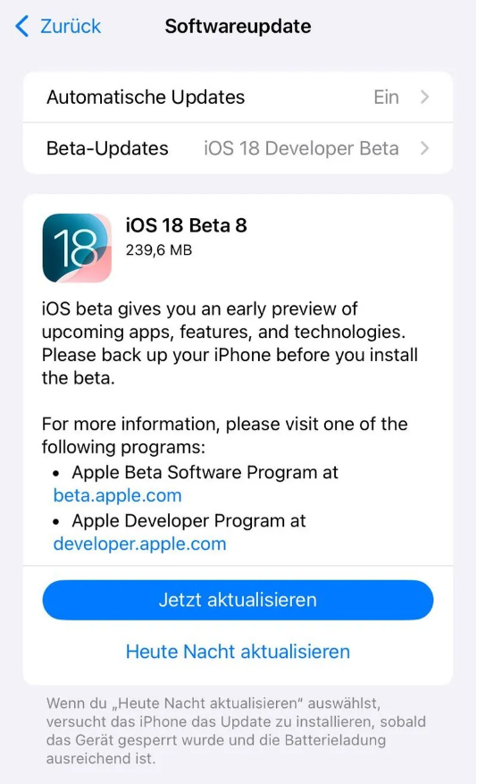 阿鲁科尔沁苹果手机维修分享苹果 iOS / iPadOS 18 开发者预览版 Beta 8 发布 